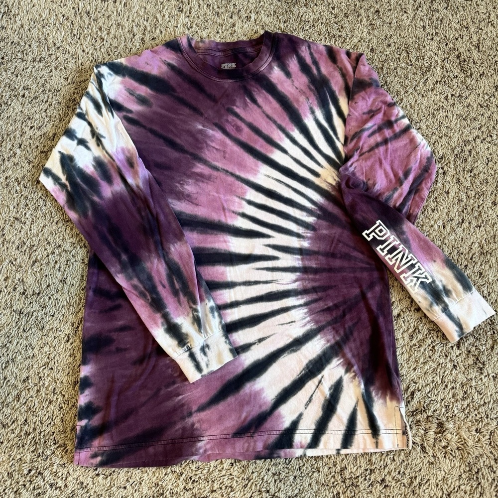 Victoria's Secret PINK L/S  Campus Tee Zebra‎ Purple Black Ombre Tie Dye Small